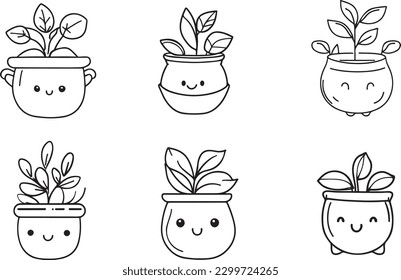 Cute Pot plant vector line art set 