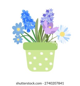 Cute Pot with Spring Flowers in Flat Style. Arrangement of Daisies Crocuses Lilacs Hepatica Muscari in Pot with cute white Flowers. Simple Naive Floral Plant Composition. Print with Flowers. Vector Illustration isolated on white Background