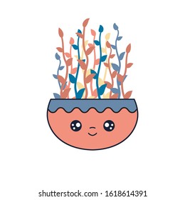 Cute pot with spring plants. Kawaii smiling flowerpot with floral stem, stalk, leaves isolated on white background. Spring concept. Cartoon vector illustration