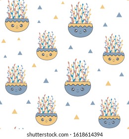 Cute pot with spring plants seamless pattern. Kawaii smiling flowerpot with floral elements. White background. Design for textile, wrapping, fabric, scrap, gift, paper. Cartoon vector illustration

