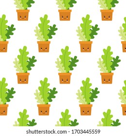 Cuta olla con plantas primaverales patrón sin fisuras. Kawaii sonriente florido olordo con elementos florales.
