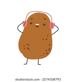 Cute potato character with arms and legs wearing earphones and listening to music. Vector funny or proud personage, vegetable mascot with eyes and smiling facial expression, farm harvest product