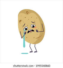 Cute potato character with crying and tears emotions, face, arms and legs. The funny or sad food hero, vegetable. Vector flat illustration