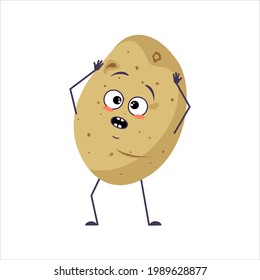 Cute potato character with emotions in a panic grabs his head, face, arms and legs. The funny or sad food hero, vegetable. Vector flat illustration