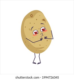 Cute potato character falls in love with eyes hearts, kiss face, arms and legs. The funny or smile emotions vegetable. Vector flat illustration
