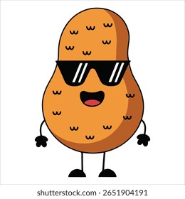 Cute potato character with smile and sunglasses in minimal vector style. Kawaii veggie mascot isolated on white, perfect for emoticon sets and agricultural branding.