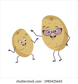 Cute potato characters with happy emotions and smiling face. Funny grandmother with glasses and dancing grandson with arms and legs. The joyful hero, lucky vegetable. Vector flat illustration