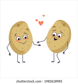 Cute potato characters with love emotions, smiling face, arms and legs. The funny or happy food heroes with hearts, vegetable fall in love. Vector flat illustration