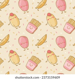 Cute potato characters seamless pattern in doodle style.