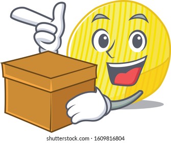 Cute potato chips cartoon character having a box