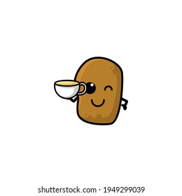 Cute Potato Drink Milk  Cartoon Character Vector Illustration Design. Outline, Cute, Funny Style. Recomended For Children Book, Cover Book, And Other.