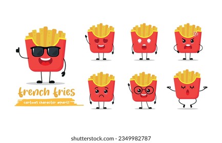  tira cómica de patatas fritas con muchas expresiones. las fichas de actividad diferente representan ilustración vectorial conjunto de diseño plano con gafas de sol.