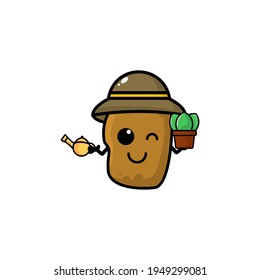 Cute Potato Garden  Cartoon Character Vector Illustration Design. Outline, Cute, Funny Style. Recomended For Children Book, Cover Book, And Other.