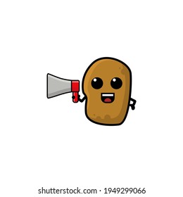 Cute Potato Hold Megaphone  Cartoon Character Vector Illustration Design. Outline, Cute, Funny Style. Recomended For Children Book, Cover Book, And Other.