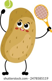 Cute potato mascot character playing tennis
