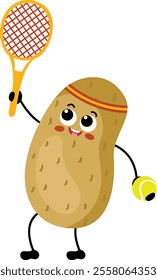 Cute potato mascot character playing tennis