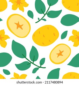 Cute potato seamless pattern. Whole vegetables, slices, leaves and flowers. Flat vector hand drawn illustration in cartoon style