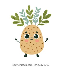 Cute potato with sprouts illustration for kids. Vegetable clipart in flat style for children	
