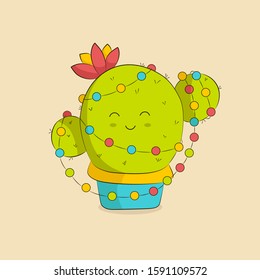 Cute pot-bellied cactus with a flower, decorated with a New Year's garland