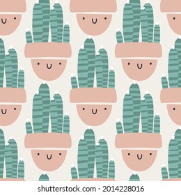 Cute pots with cacti and succulents. Vector seamless pattern. Funny faces are smiling. Trendy hand-drawn Scandinavian cartoon doodle style. Minimalistic pastel palette. For baby textiles, clothing
