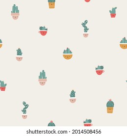 Cacerolas con cactus y suculentos. Patrón veloz. Caras divertidas están sonriendo. Estilo de doodle de dibujos animados escandinavos a mano. Paleta pastel minimalista. Para textiles para bebés, ropa