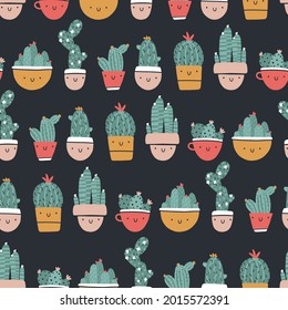 Cute pots with cacti and succulents. Vector seamless pattern. Funny faces are smiling. Trendy hand-drawn Scandinavian cartoon doodle style. Minimalistic pastel palette. For baby textiles, clothing