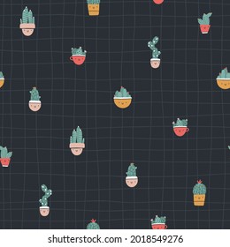 Cute pots with cacti and succulents. Vector seamless pattern. Funny faces are smiling. Trendy hand-drawn Scandinavian cartoon doodle style. Minimalistic pastel palette. For baby textiles, clothing