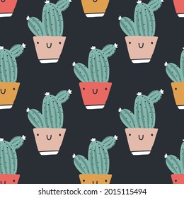 Cute pots with cactuses. Vector seamless pattern. Funny faces are smiling. Trendy hand-drawn Scandinavian cartoon doodle style. Minimalistic pastel palette. Ideal for baby textiles, fabrics, clothing