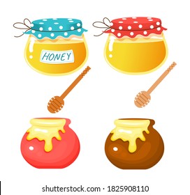 Cute pots and jars with honey. Children s illustration. Isolated on a white background. Cartoon style
