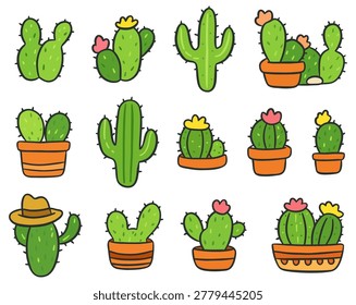 Cute Potted Cactus Cartoon Icon Set