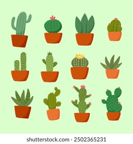 Cute potted cactus. Decoration spiny plant, mexico cacti flower and tropical house plants vector collection