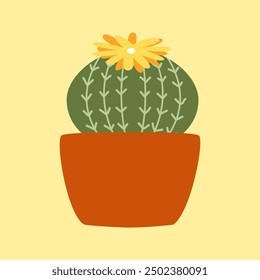 Cute potted cactus. Decoration spiny plant, mexico cacti flower and tropical house plants vector Illustration