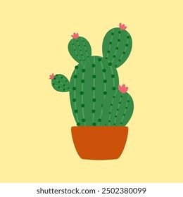 Cute potted cactus. Decoration spiny plant, mexico cacti flower and tropical house plants vector Illustration