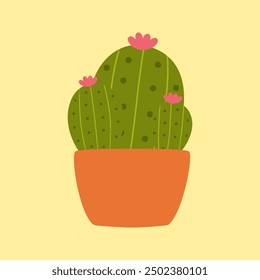 Cute potted cactus. Decoration spiny plant, mexico cacti flower and tropical house plants vector Illustration