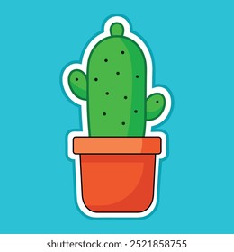 Cute Potted Cactus Sticker with Vibrant Green Spikes and White Border for Sticker Effect