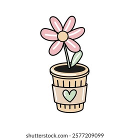 Cute potted flower doodle and flat illustration with heart decoration

