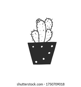 Cute potted flower in doodle style. Vector black and white illustration isolated on white background.