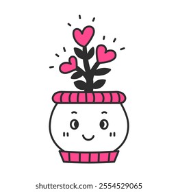 Cute potted houseplant with love heart symbols. Doodle Plant in pot with kawaii face flower and leaf. Hand drawn valentines day design element. Vector illustration