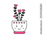 Cute Potted Plant with Heart shaped Flowers. Hand drawn houseplant in pot with cute face and leaf. Vector illustration in doodle style for Valentine