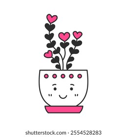 Cute Potted Plant with Heart shaped Flowers. Hand drawn houseplant in pot with cute face and leaf. Vector illustration in doodle style for Valentine's day card design