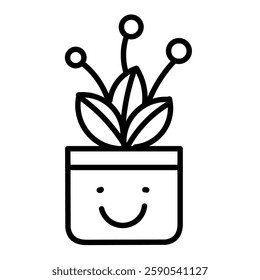 Cute potted plant icon with a smiley face, perfect for cheerful and playful designs. Simple line art style. Clean vector art