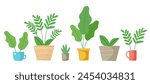 Cute Potted plants, ceramic pots, cups and different indoor types of plants. House Plants set. Hygge style. Isolated on white background. Horizontal flat vector illustration.