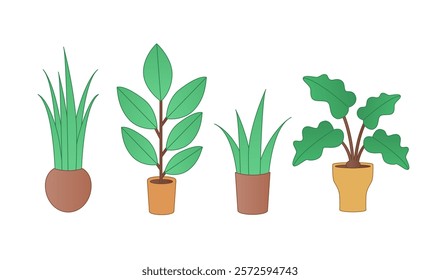 Cute Potted plants, ceramic pots, cups and different indoor types of plants. House Plants set. Hygge style. Isolated on white background. Horizontal flat gradient vector illustration