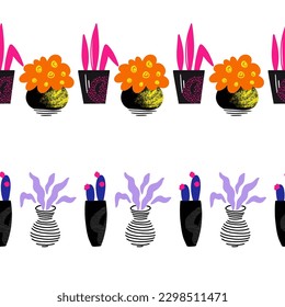 Cute Potted Plants Vector Seamless Horizontal Borders Set