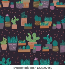 Cute Potted Succulent and Cactus Seamless Repeat Artwork Tile - Background Wallpaper - Dark Background with Polka Dot