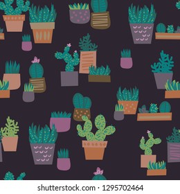Cute Potted Succulent and Cactus Seamless Repeat Artwork Tile - Background Wallpaper - Dark Background with Texture