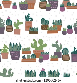Cute Potted Succulent and Cactus Seamless Repeat Artwork Tile - Background Wallpaper - Light Background with Polka Dot
