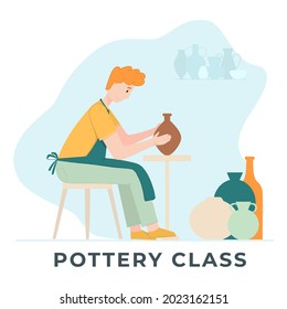 Cute pottery craftman making vase vector Illustration. Template for invitation card. Poster for pottery studio. 