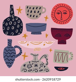 Ilustração de cerâmica bonita cerâmica moderna gráficos hobby vasos abstratos e vasos fundo, cerâmica artesanal projeto de superfície de vetor de papel de parede em estilo minimalista. Formas orgânicas recortam argila colagem