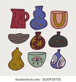 Cute pottery illustration modern ceramics graphics hobby abstract vases and vessels background, handmade pottery wallpaper vector surface design in minimalist style. Organic shapes cutout collage clay